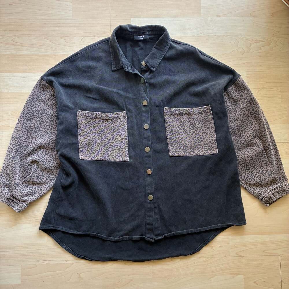 Vici Collection Oversized Black Denim Shacket Leopard Print Sleeves Pockets